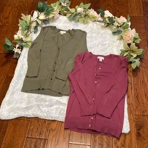 2 Loft sweater cardigans size extra small in color, plum and olive green.